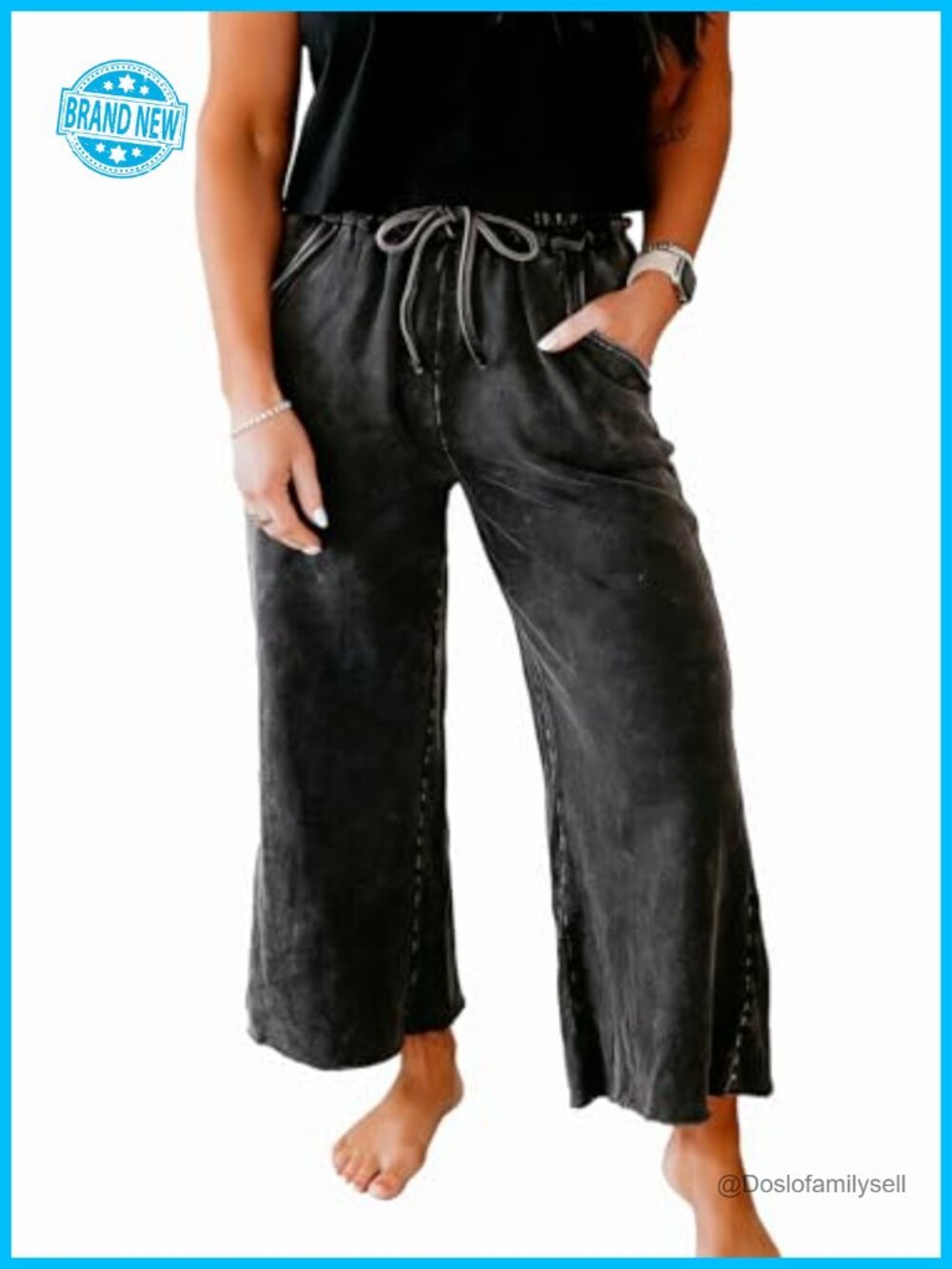 Womens High Waist Wide Leg Cropped Mineral Wash Pants Drawstring